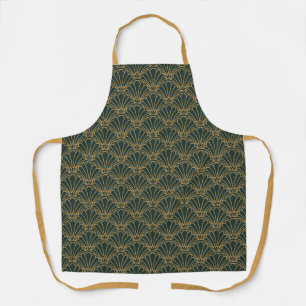 Emerald Green and Gold Art Deco Fan Flower Motif Apron