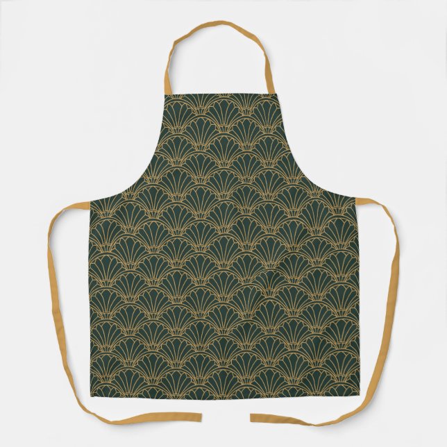 Emerald Green and Gold Art Deco Fan Flower Motif Apron (Front)