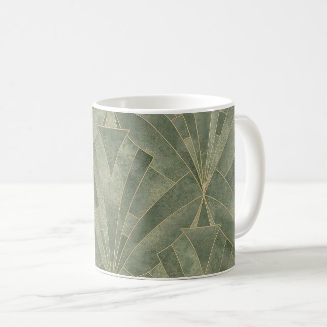 Emerald Green and Gold Art Deco Pattern Coffee Mug (Front Right)