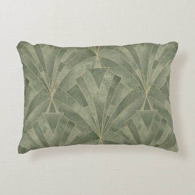 Emerald Green and Gold Art Deco Pattern Decorative Cushion (Front)