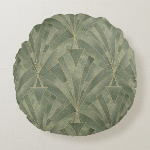 Emerald Green and Gold Art Deco Pattern Round Cushion