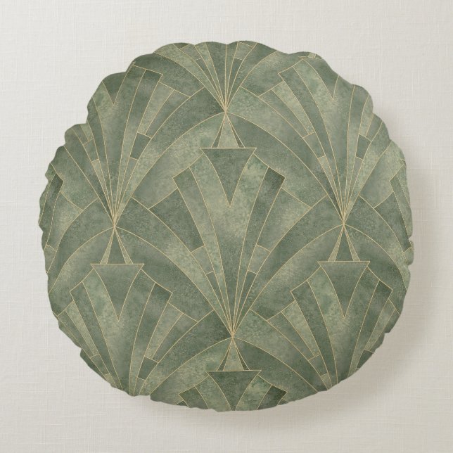 Emerald Green and Gold Art Deco Pattern Round Cushion (Front)