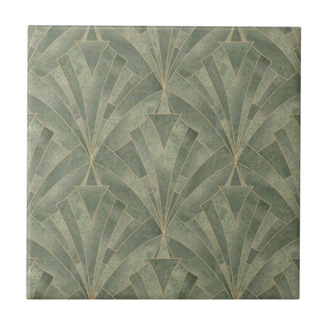 Emerald Green and Gold Art Deco Pattern Tile (Front)