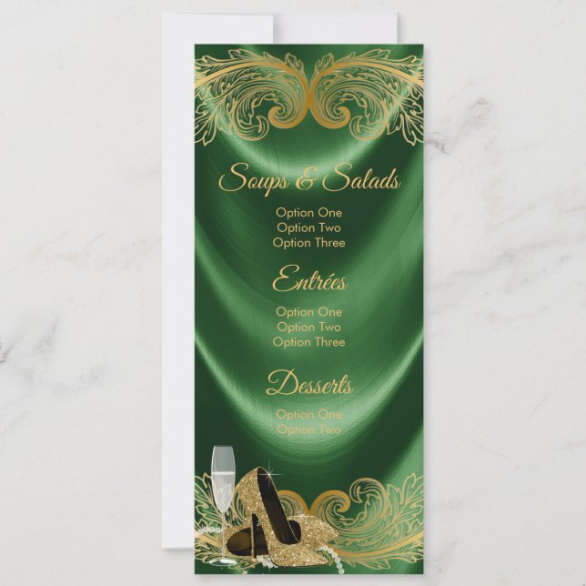 Emerald Green and Gold Birthday Party Menu Invitation (Front)