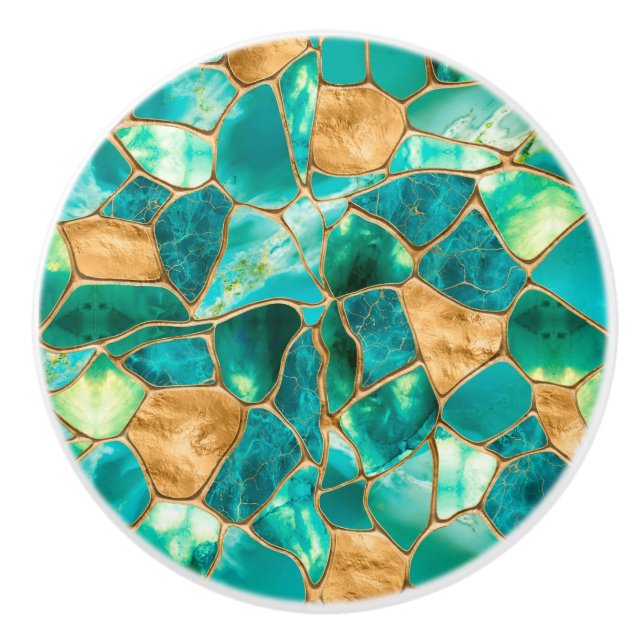 Emerald Green and Gold cells abstract Ceramic Knob (Front)