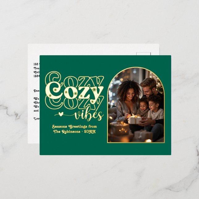 Emerald Green and Gold Cosy Vibes Retro Christmas Foil Holiday Postcard (Front/Back)
