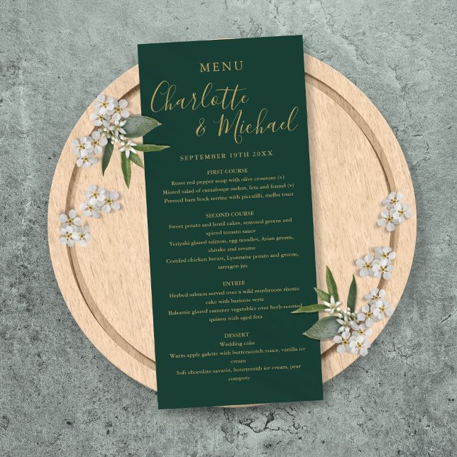Emerald Green And Gold Elegant Script Wedding Menu (Emerald Green And Gold Elegant Script Wedding Menu)