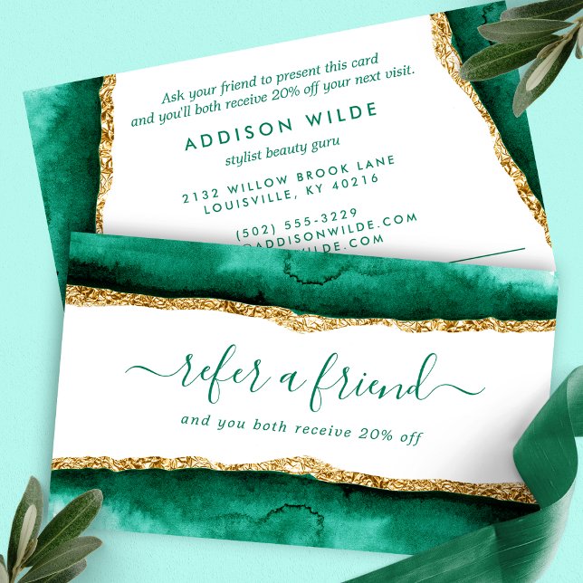 Emerald Green And Gold Elegant Watercolor Referral Card (Creator Uploaded)