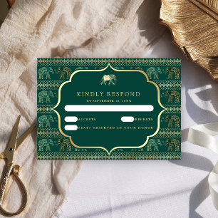 Emerald Green and Gold Elephant Indian Wedding RSVP Card