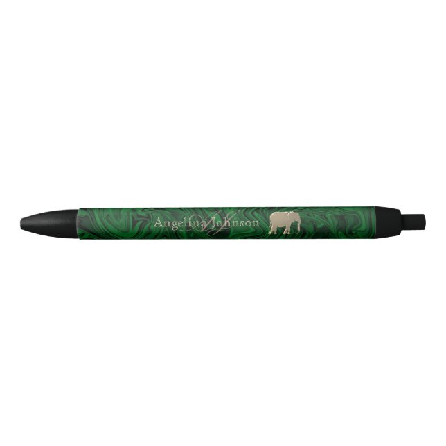 Emerald Green and Gold Elephant Monogrammed Black Ink Pen (Front)