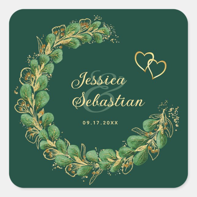 Emerald Green and Gold Eucalyptus Wedding Square Sticker (Front)
