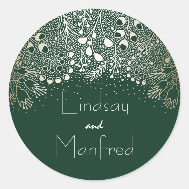 Emerald Green and Gold Filigree Wedding Classic Round Sticker (Front)