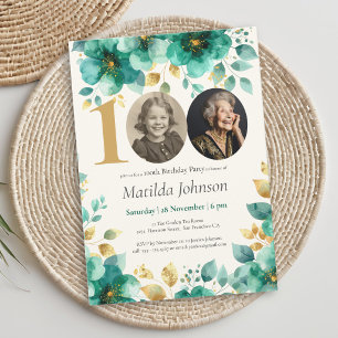 Emerald Green and Gold Floral 100th Birthday  Invitation