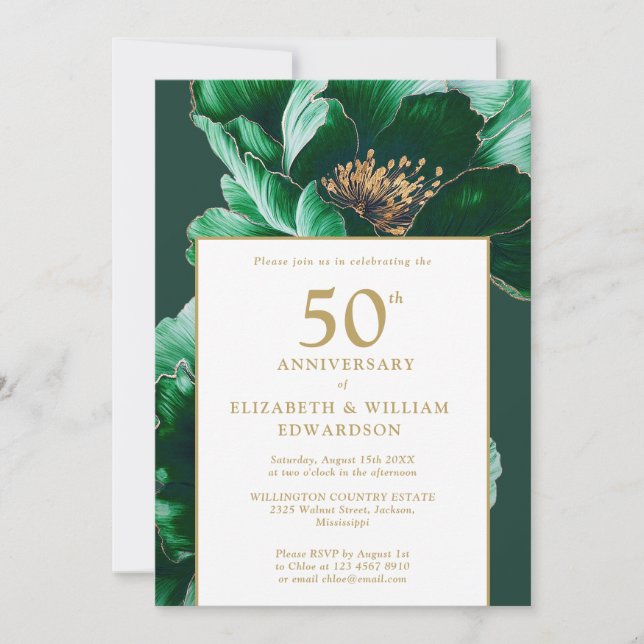 Emerald Green And Gold Floral 50th Anniversary Invitation (Front)