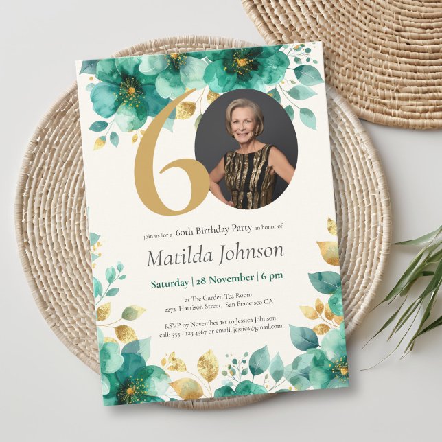 Emerald Green and Gold Floral 60th Birthday  Invitation (Emerald Green and Gold Floral 60th Birthday Invitation)