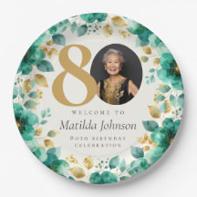 Emerald Green and Gold Floral 80th Birthday Party