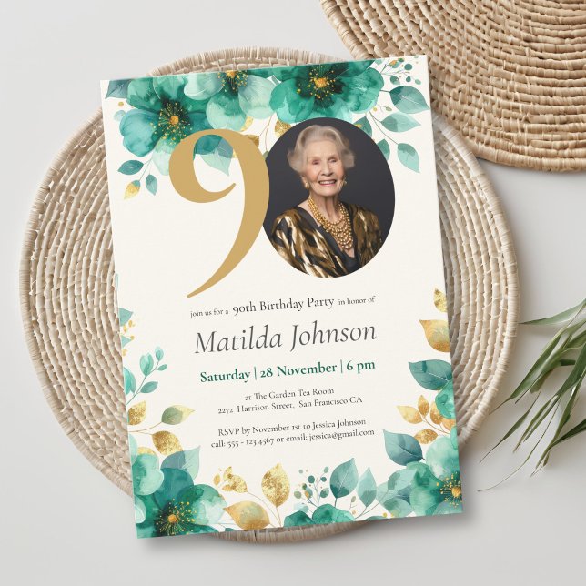 Emerald Green and Gold Floral 90th Birthday  Invitation (Emerald Green and Gold Floral 90th Birthday Invitation)