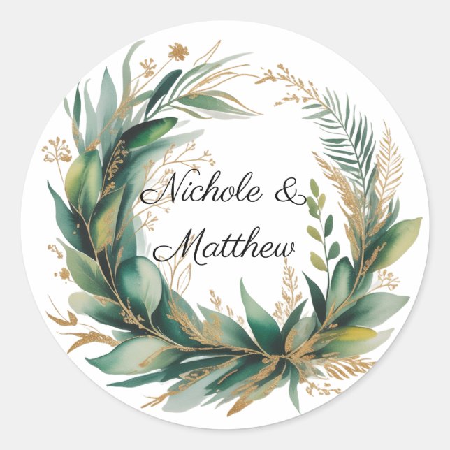 Emerald Green and Gold Floral Frame Wedding Classic Round Sticker (Front)