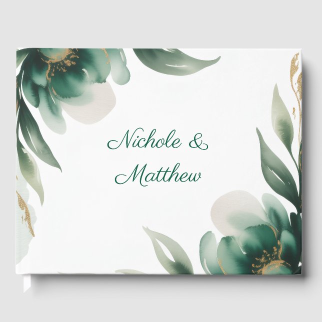 Emerald Green and Gold Floral Frame Wedding Guest Book (Front)
