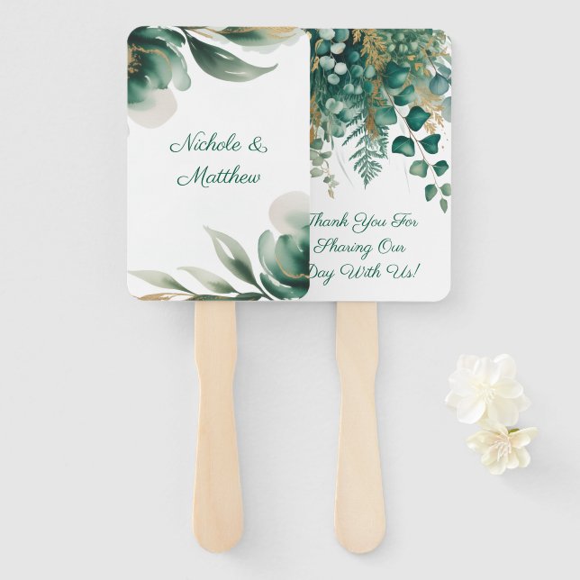 Emerald Green and Gold Floral Frame Wedding Hand Fan (Front and Back)