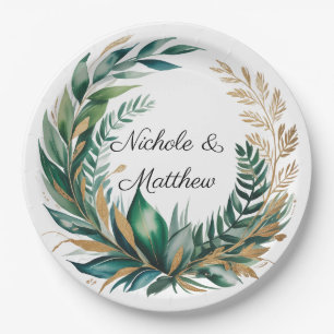 Emerald Green and Gold Floral Frame Wedding Paper Plate