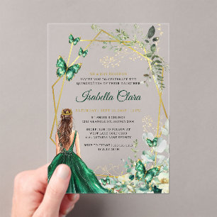 Emerald Green and Gold Floral Princess Quinceanera Acrylic Invitations