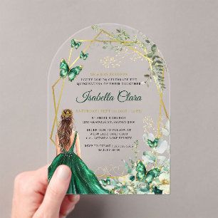 Emerald Green and Gold Floral Princess Quinceanera Acrylic Invitations