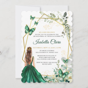 Emerald Green and Gold Floral Princess Quinceanera Invitation