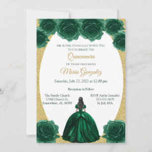 Emerald Green and Gold Floral Quinceanera Invitation