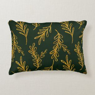 Emerald Green and Gold Floral Sprig Lumbar  Decorative Cushion