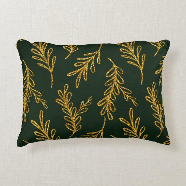 Emerald Green and Gold Floral Sprig Lumbar  Decorative Cushion (Front)