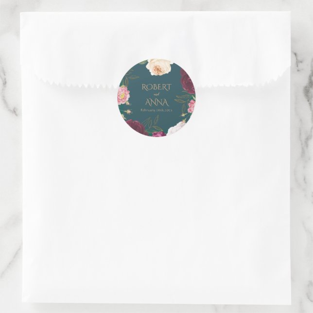  Emerald Green and gold Floral Wedding Classic Round Sticker (Bag)