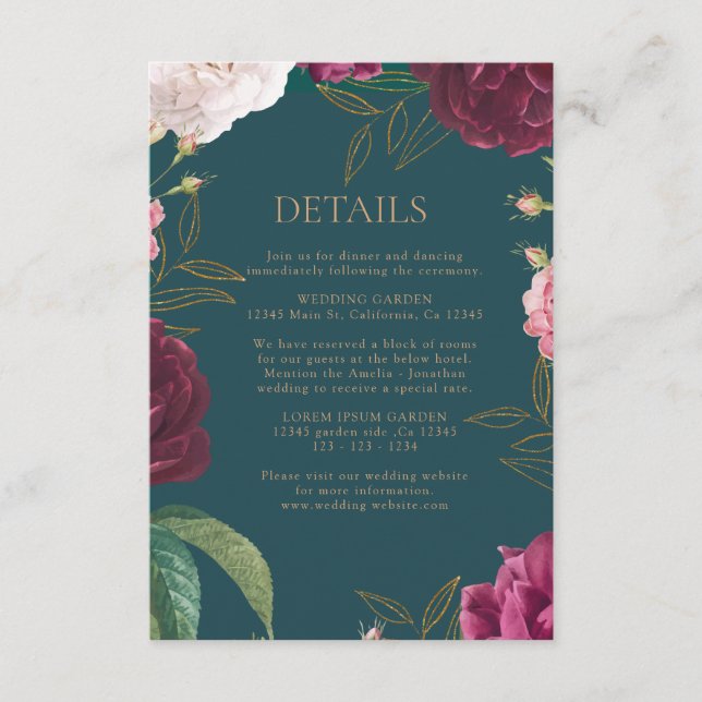 Emerald Green and gold Floral Wedding Enclosure Card (Front)