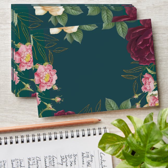  Emerald Green and gold Floral Wedding Envelope (Stacked)