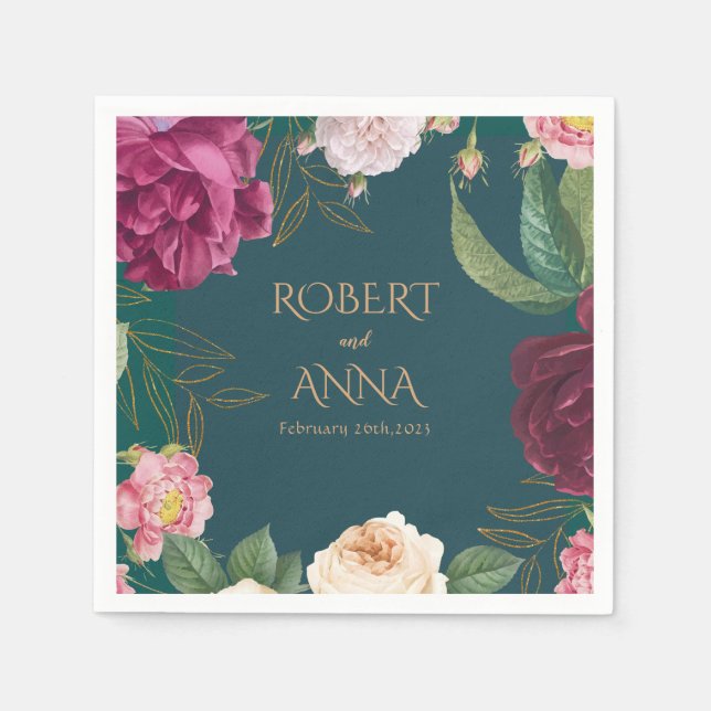 Emerald Green and gold Floral Wedding Napkins (Front)
