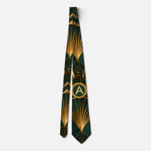 Emerald Green and Gold Gatsby Art Deco Necktie