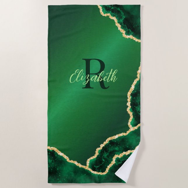 Emerald Green and Gold Geode Elegant Monogrammed Beach Towel (Front)