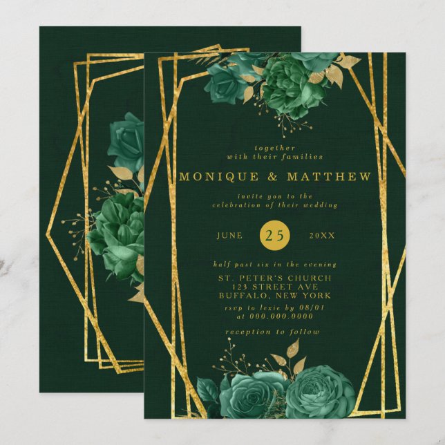 Emerald Green and Gold Geometric Floral Wedding Invitation (Front/Back)