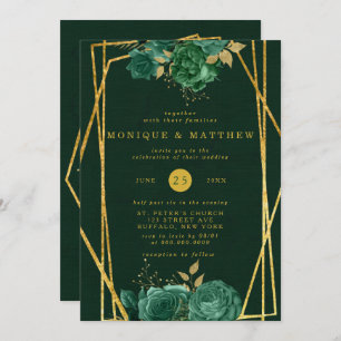 Emerald Green and Gold Geometric Floral Wedding Invitation