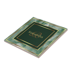 Emerald Green And Gold Geometric Marble Tile