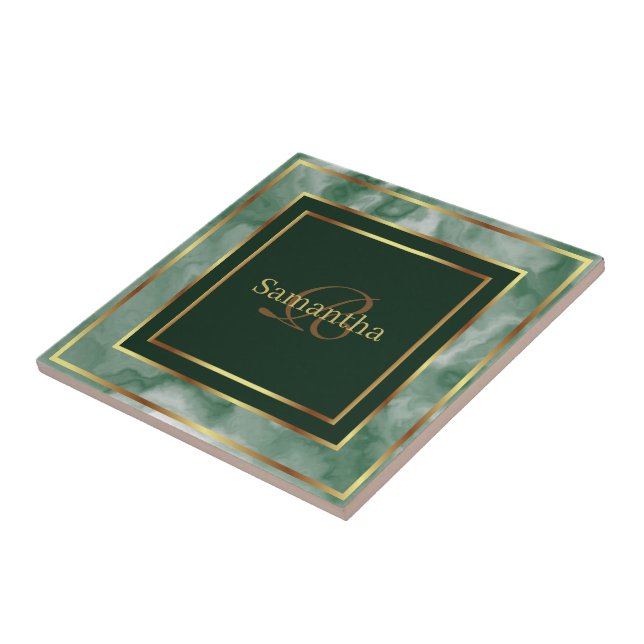 Emerald Green And Gold Geometric Marble Tile (Side)