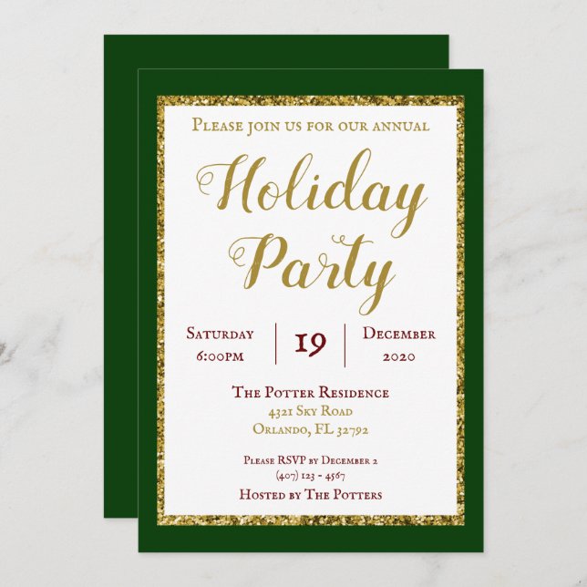 Emerald Green and Gold Glitter Holiday Party Invitation (Front/Back)