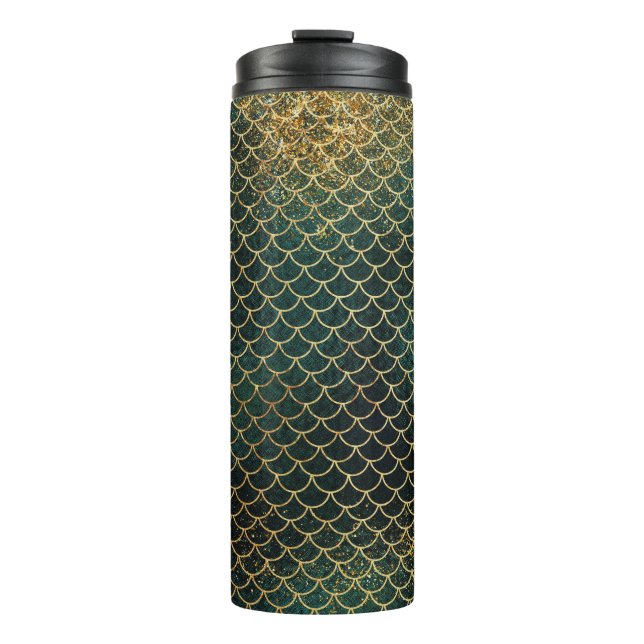 Emerald Green and Gold Glitter Mermaid Scales Thermal Tumbler (Front)