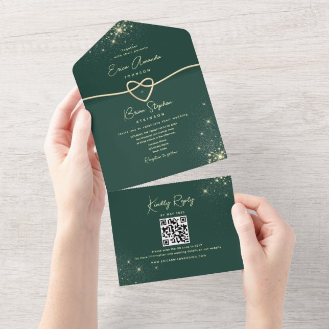 Emerald Green and Gold Glitter Wedding All In One Invitation (Tearaway)
