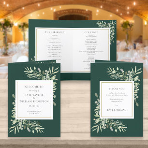 Emerald Green And Gold Greenery Foliage Wedding Programme