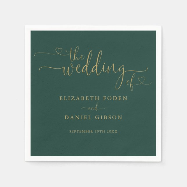 Emerald Green And Gold Heart Script Wedding Napkin (Front)