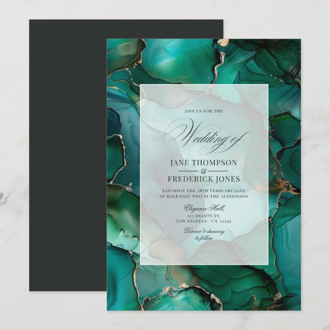 Emerald Green and Gold Ink Wedding Invitation (Front/Back)