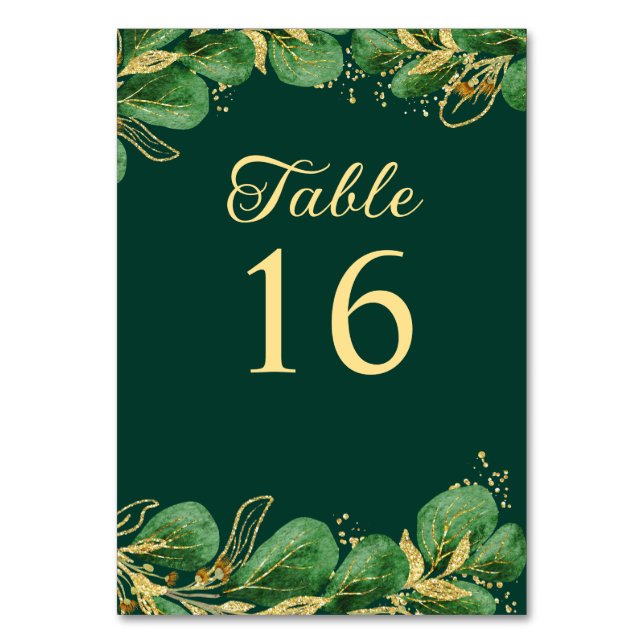 Emerald Green and Gold Jewel Tone Wedding Table Number (Front)