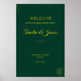 Emerald Green and Gold Leaf Wedding Welcome Sign