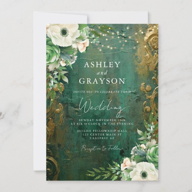 Emerald Green and Gold Luxe Wedding Invitation (Front)